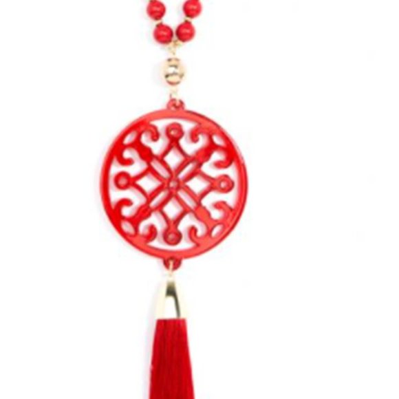Long Red Resin Pendant Necklace with Tassel | New - Picture 2 of 4